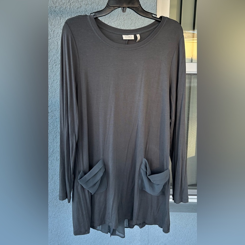 Logo By Lori Goldstein Pockets Pleated Back w/Buttons Detail Popover Tunic L